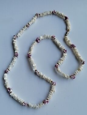 Vintage Handmade White Puka Shell Chips with Pink Lilac Shell Accents Necklace